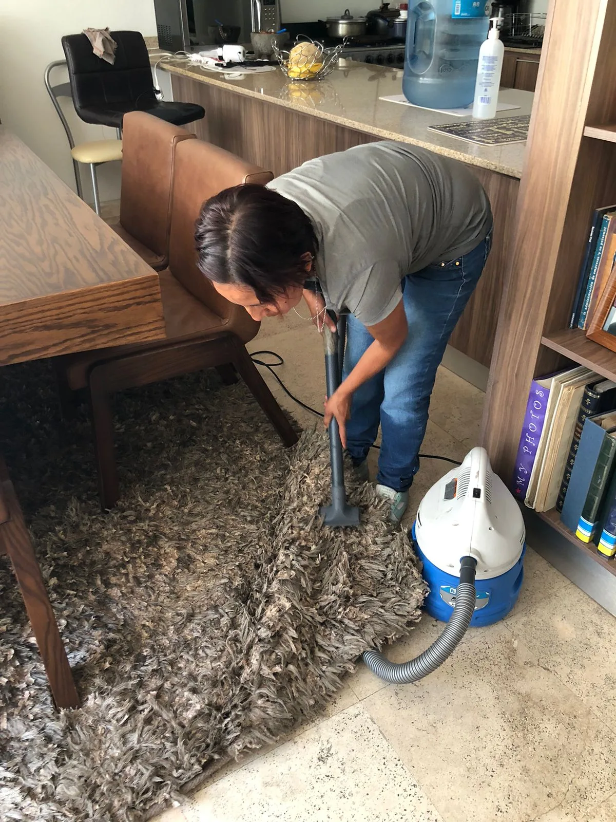 Une femme passe un aspirateur à cuve sur un tapis à poils longs, dans un salon